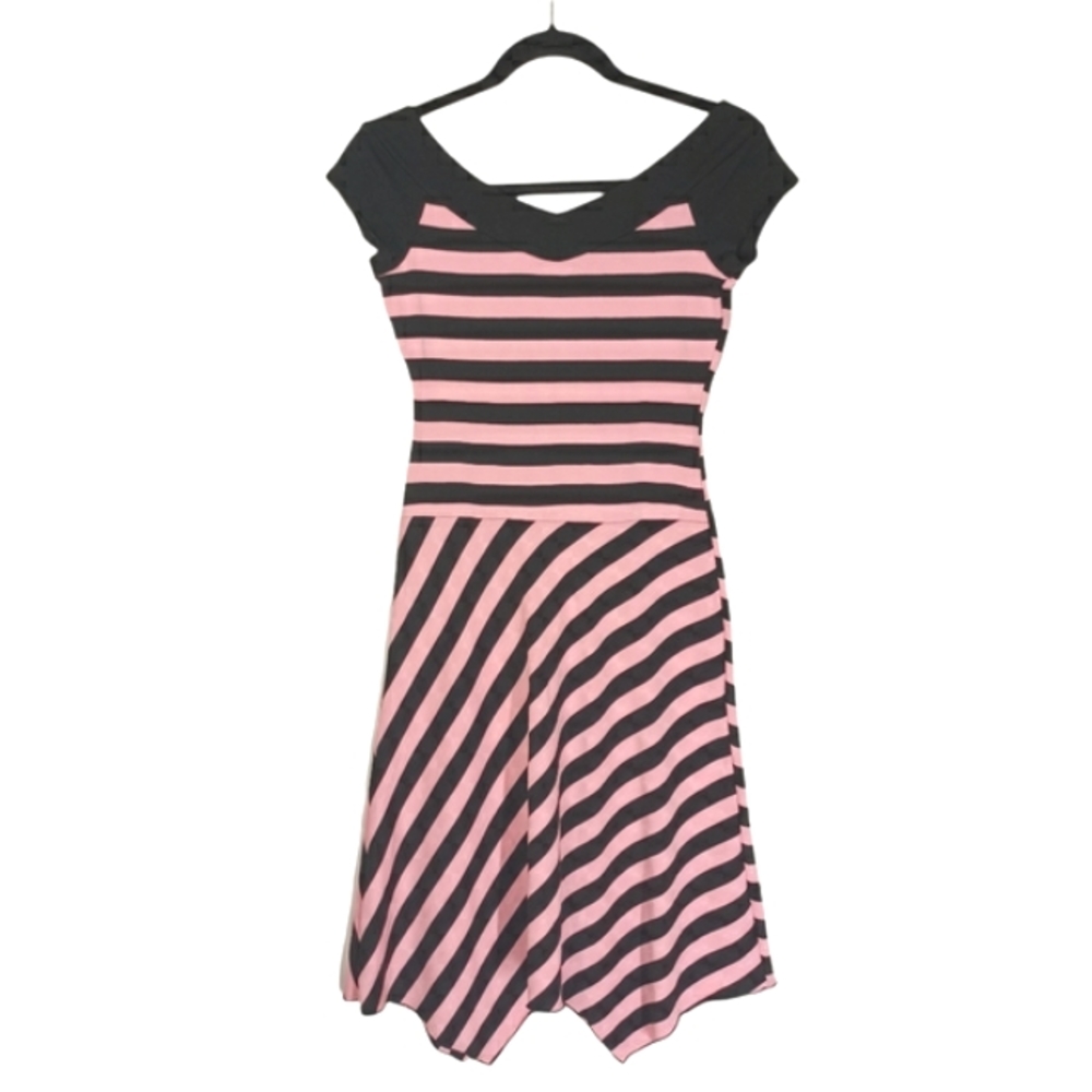 Women’s Black and Pink Striped Fit & Flare Dress